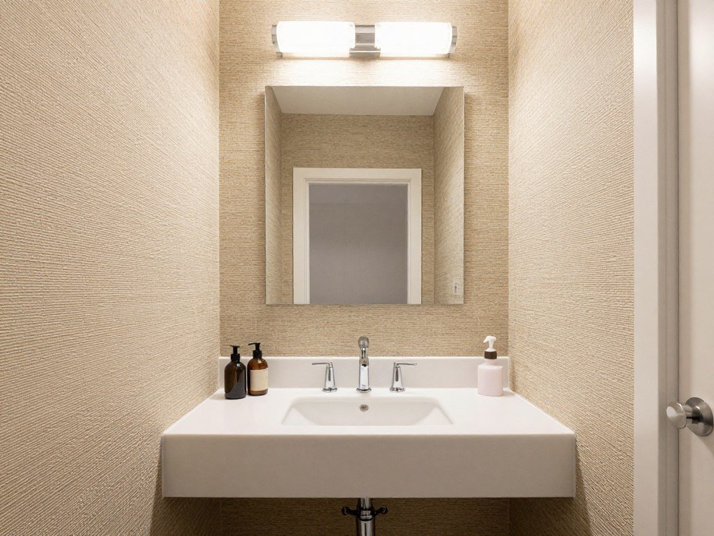Textured grasscloth wallpaper in powder bathroom setting