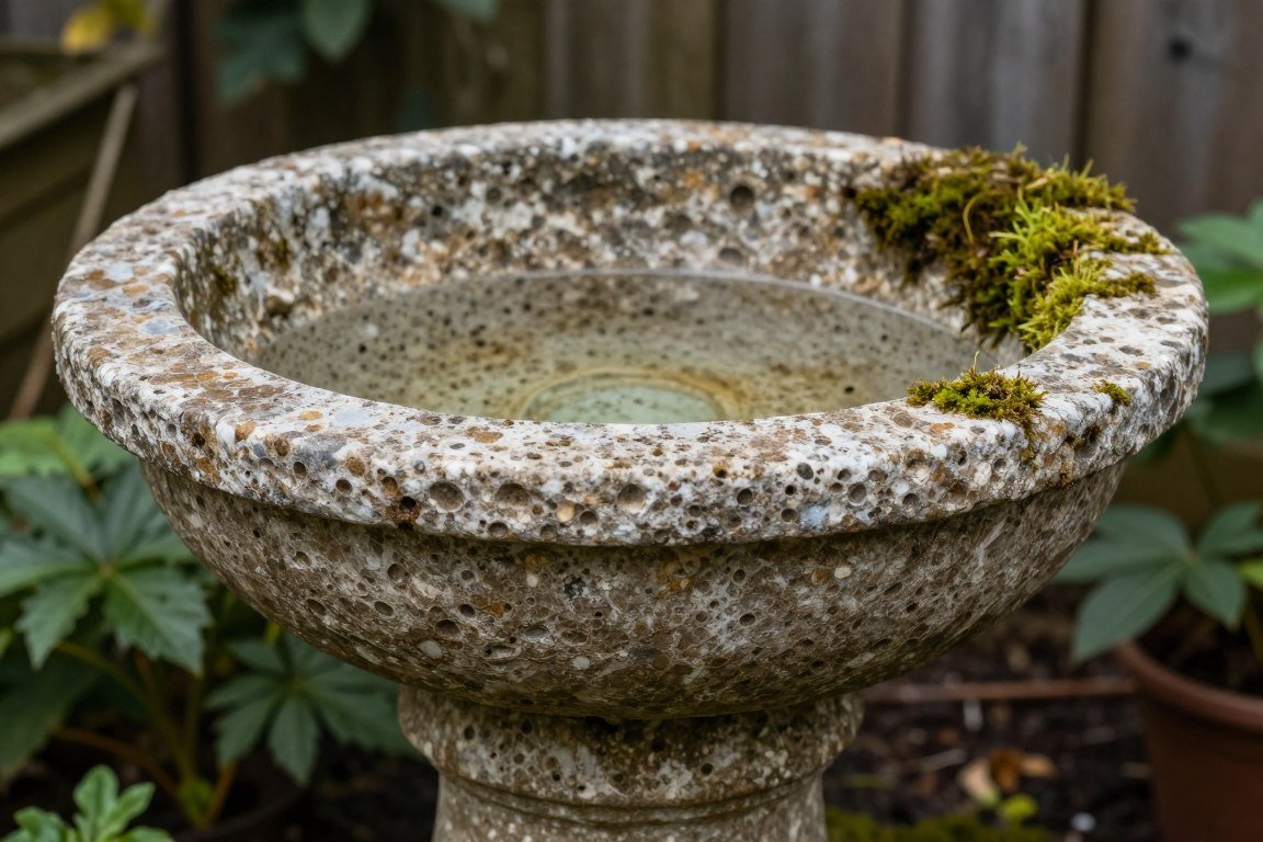 Textured hypertufa concrete bird bath with natural stone appearance