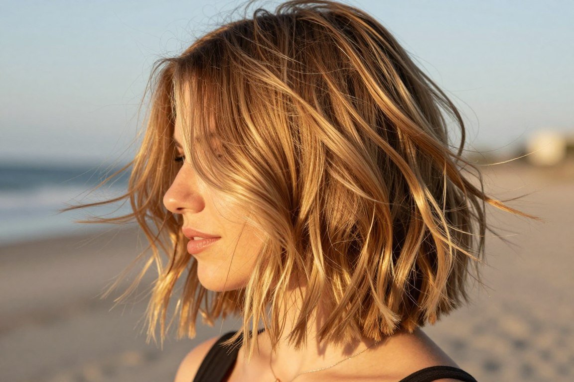Textured lob with beach waves prom hairstyle
