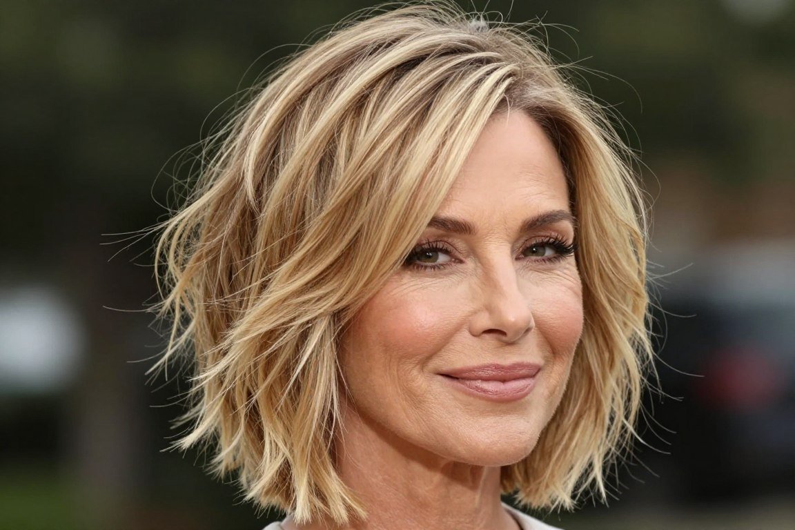 Textured lob with choppy layers adding body to fine hair