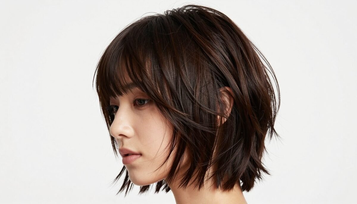 Textured medium shag on dark hair showing layer definition