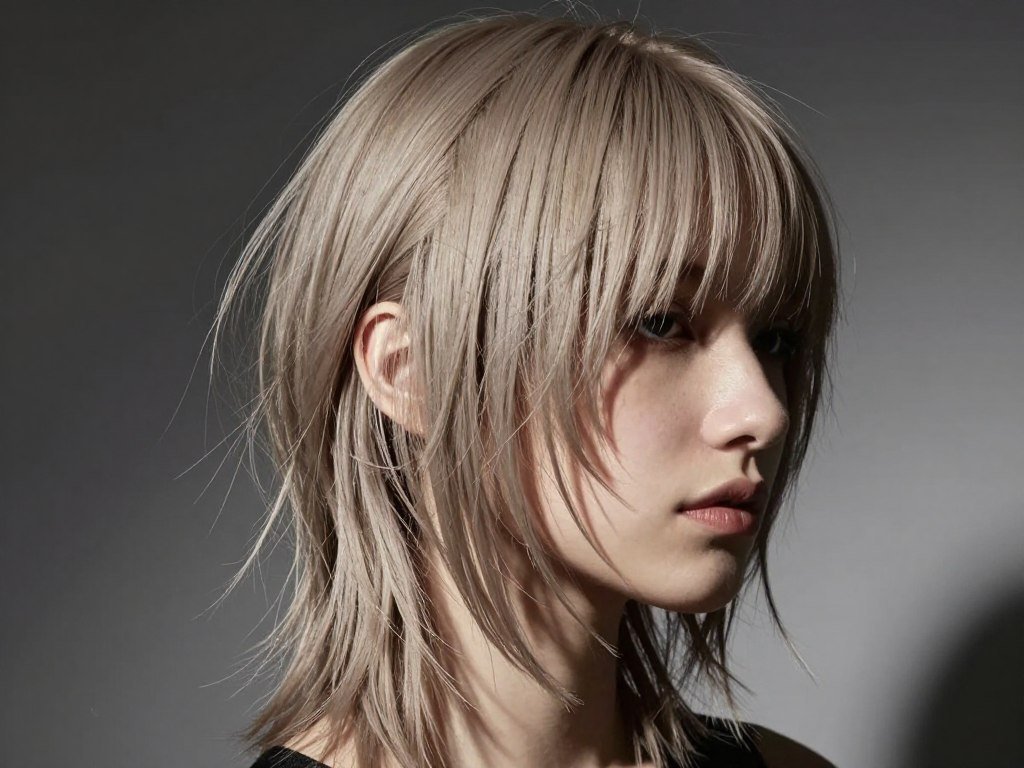 Textured piece-y side-swept bangs on medium length hair