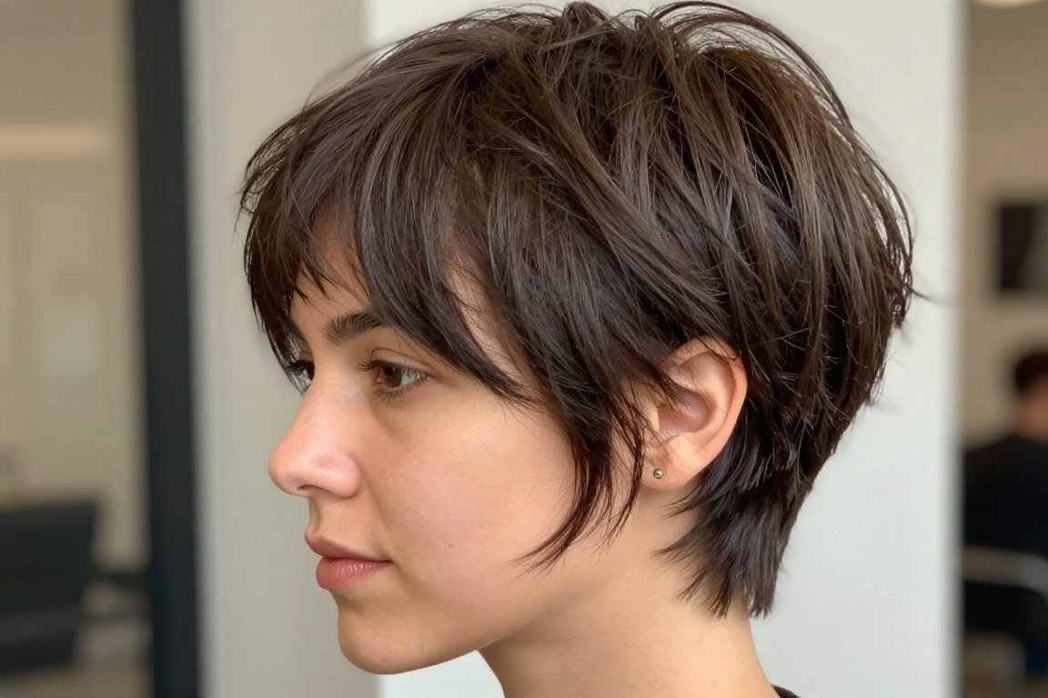 Textured pixie cut with choppy layers perfect for fine hair adding volume