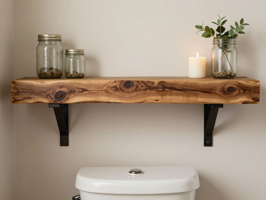 Thick reclaimed wood shelf above toilet with natural edge
