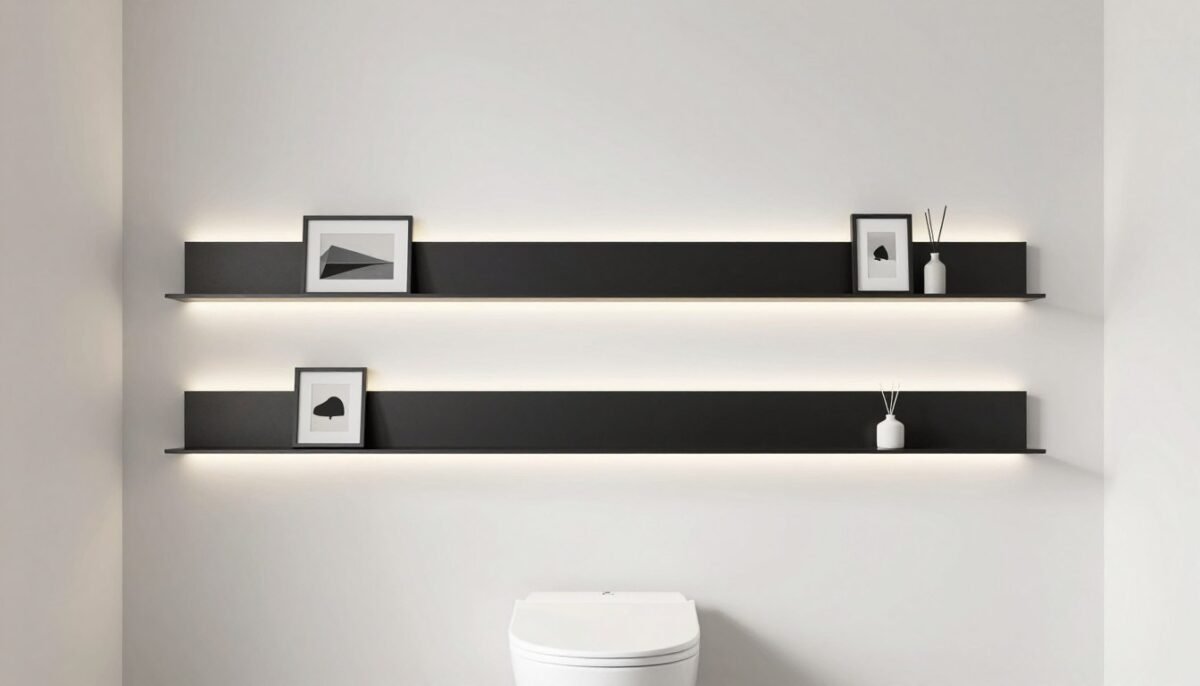 Thin minimalist picture ledges above toilet with art display
