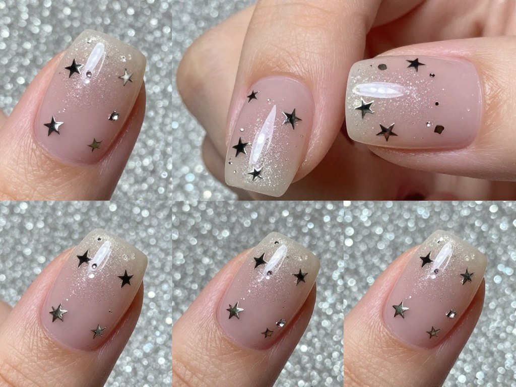 Three dimensional star embellishments on gel nails for textured July nail art