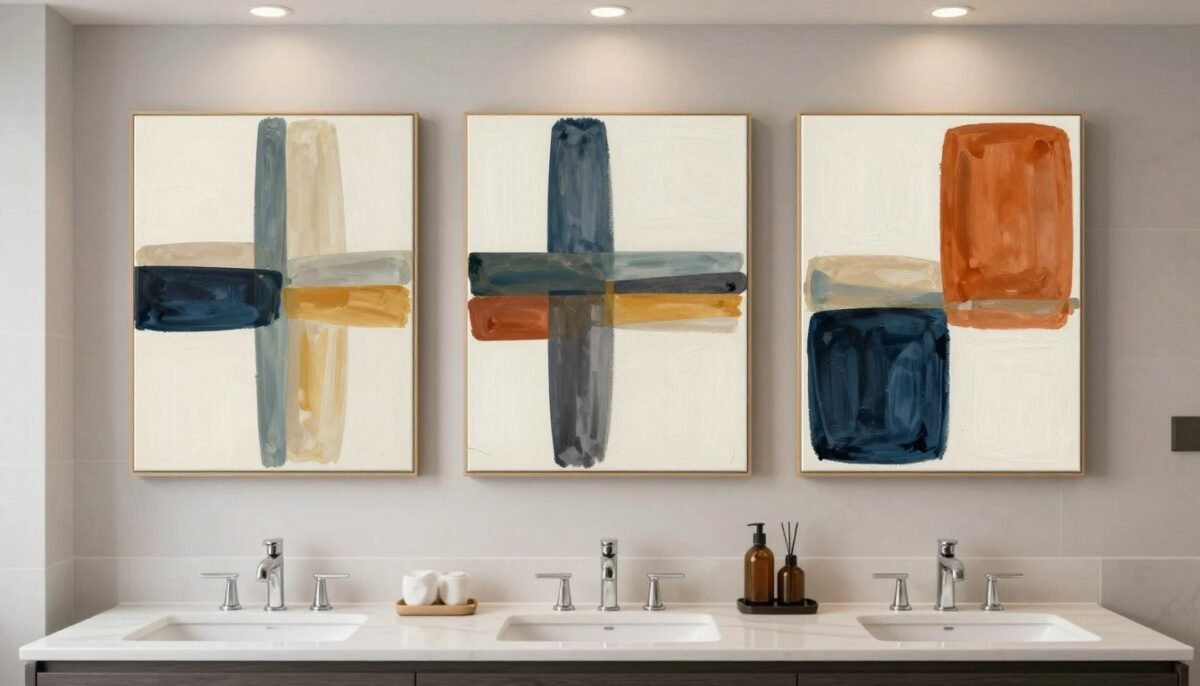 Three panel triptych canvas in modern bathroom