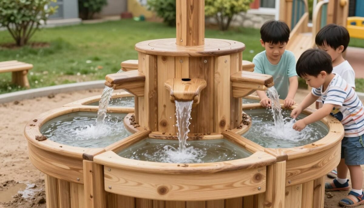 Three-tier cascading basin system in mud kitchen