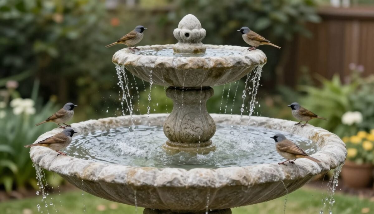 Three-tier cascading concrete bird bath with water flowing between levels