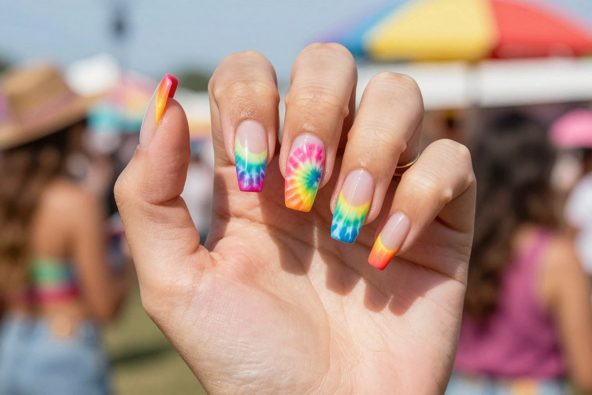Tie-dye effect french tip nail designs