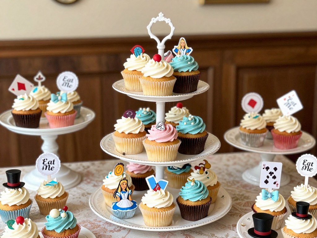 Tiered dessert stand decorated with Eat Me tags and wonderland elements