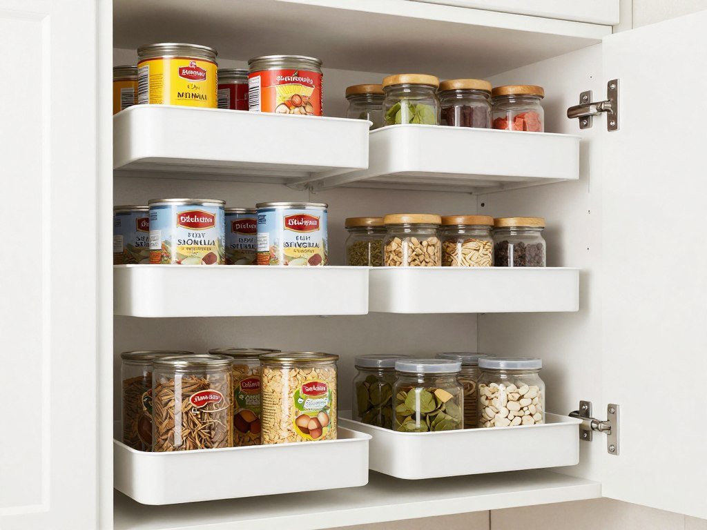 Tiered shelf risers organizing cans and jars in kitchen cabinet