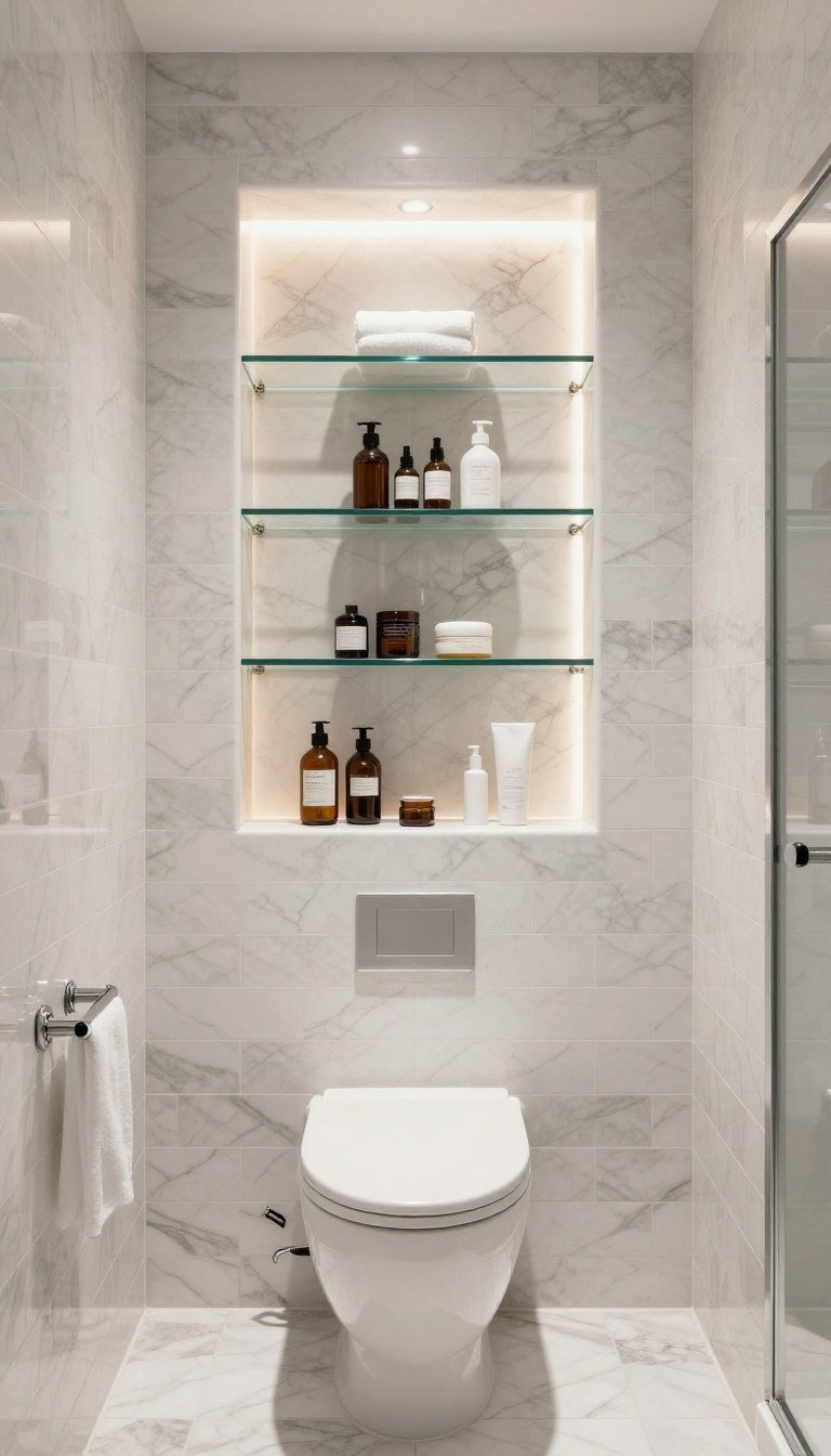 Tiled built-in wall niche above toilet with glass shelves