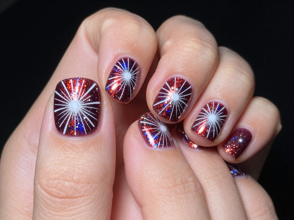 Toe nails featuring starburst glitter patterns in red white blue and silver fireworks design