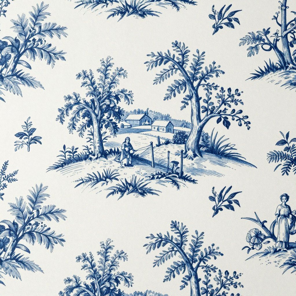 Toile wallpaper in classic blue and white showing pastoral scenes