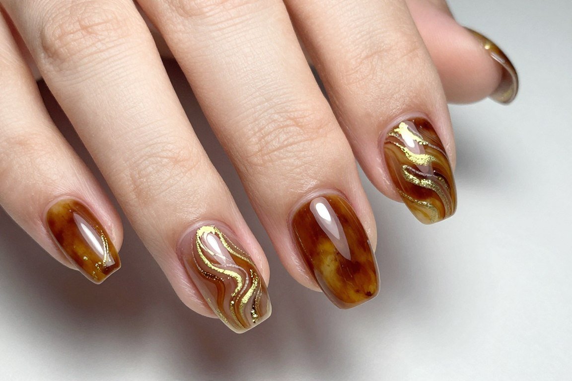 Tortoiseshell French tip nail art with amber and brown swirled patterns