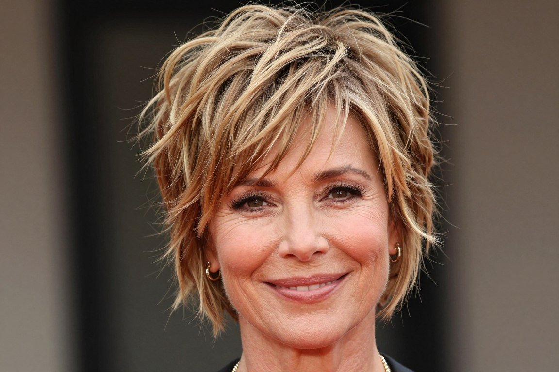 Tousled pixie bob showing relaxed textured styling for older women