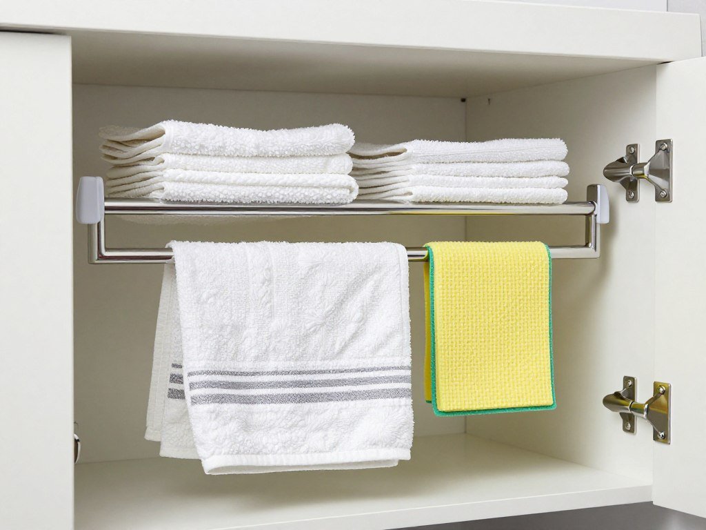 Towel bar mounted inside cabinet door holding folded dish towels