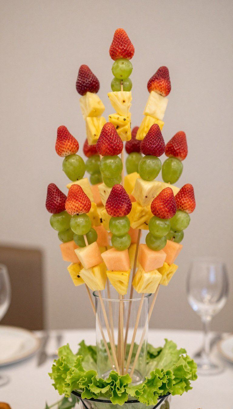 Tower of colorful fruit kabobs in glass vase