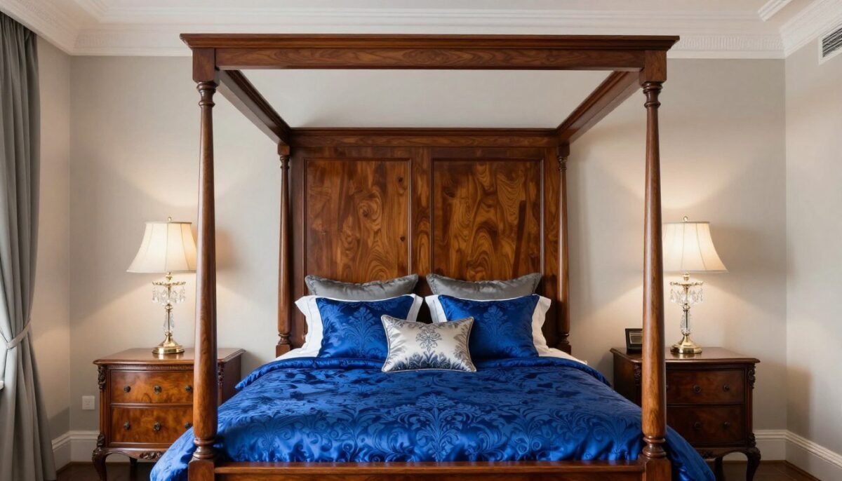 Traditional bedroom with sapphire blue bedding and mahogany furniture Traditional bedroom with sapphire blue bedding and mahogany furniture