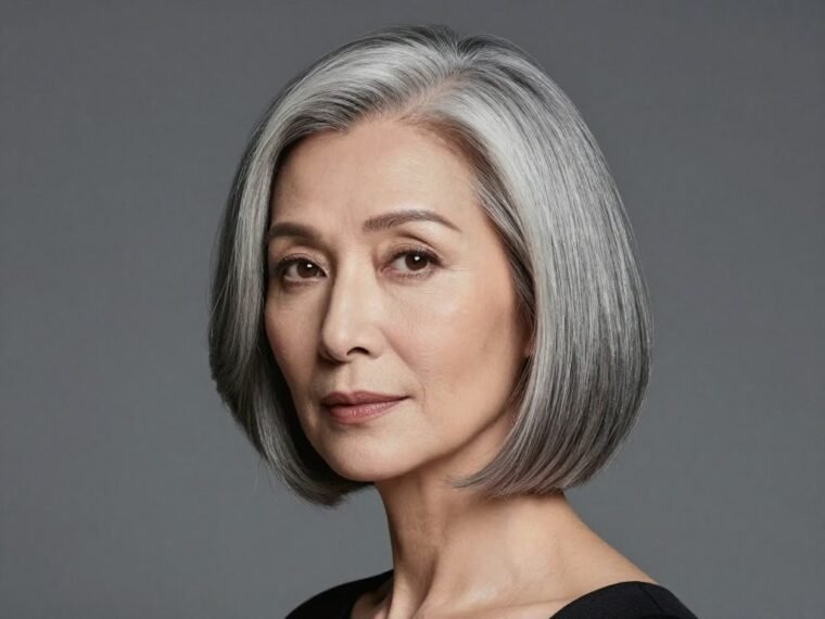 Traditional chin-length bob hairstyle for women over 60 with smooth finish