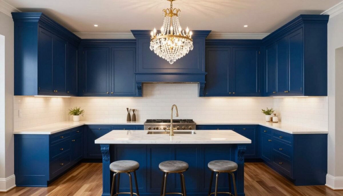 Traditional kitchen with royal blue cabinets and classic details Traditional kitchen with royal blue cabinets and classic details