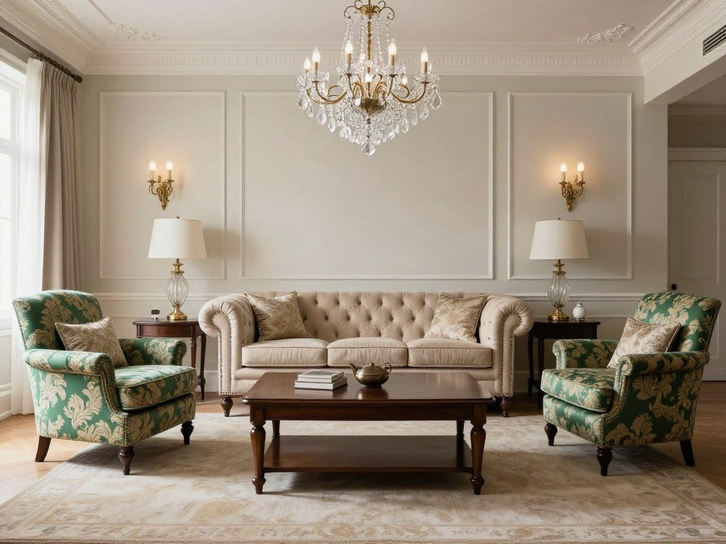 Traditional living room with beige tufted sofa and green damask chairs