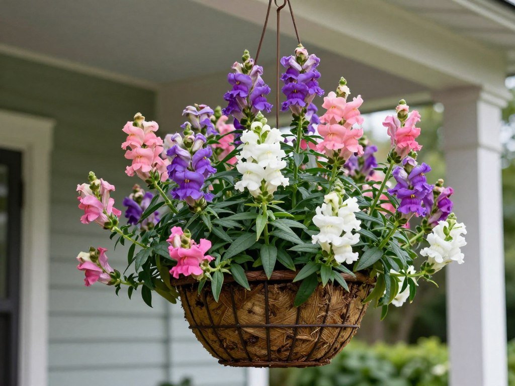Trailing snapdragon hanging basket with colorful flower spikes cascading down