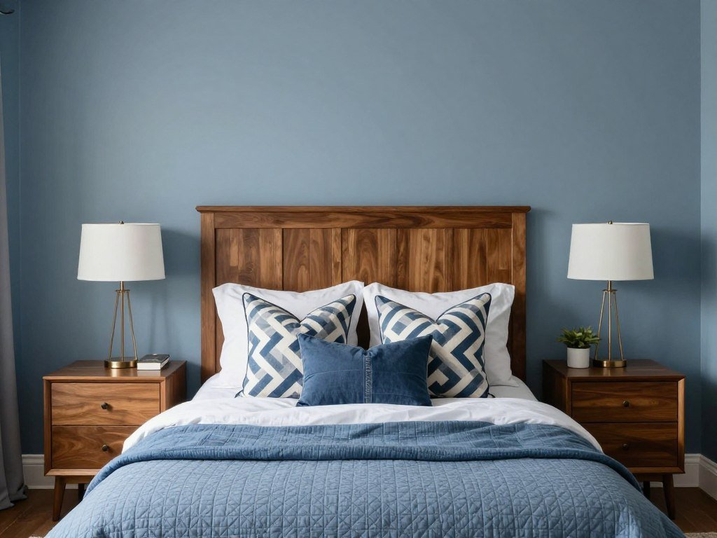 Transitional bedroom with slate blue walls and medium brown furniture