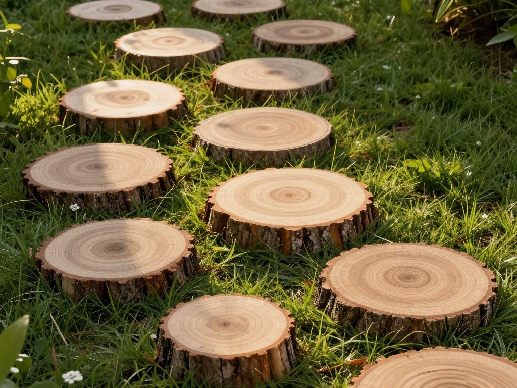 Tree trunk wood rounds used as stepping stones