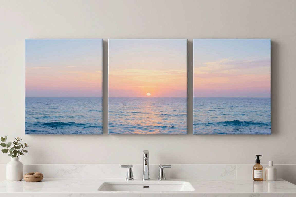 Triptych ocean canvas prints creating bathroom focal point