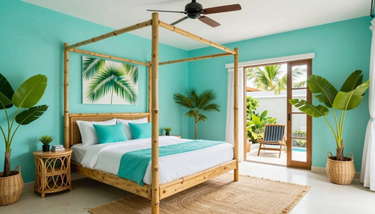 Tropical bedroom with turquoise walls and bamboo furniture Tropical bedroom with turquoise walls and bamboo furniture