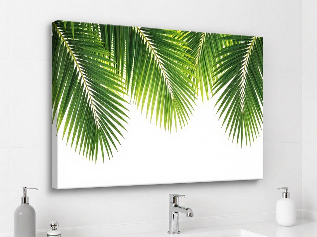 Tropical palm leaf canvas art in bright bathroom