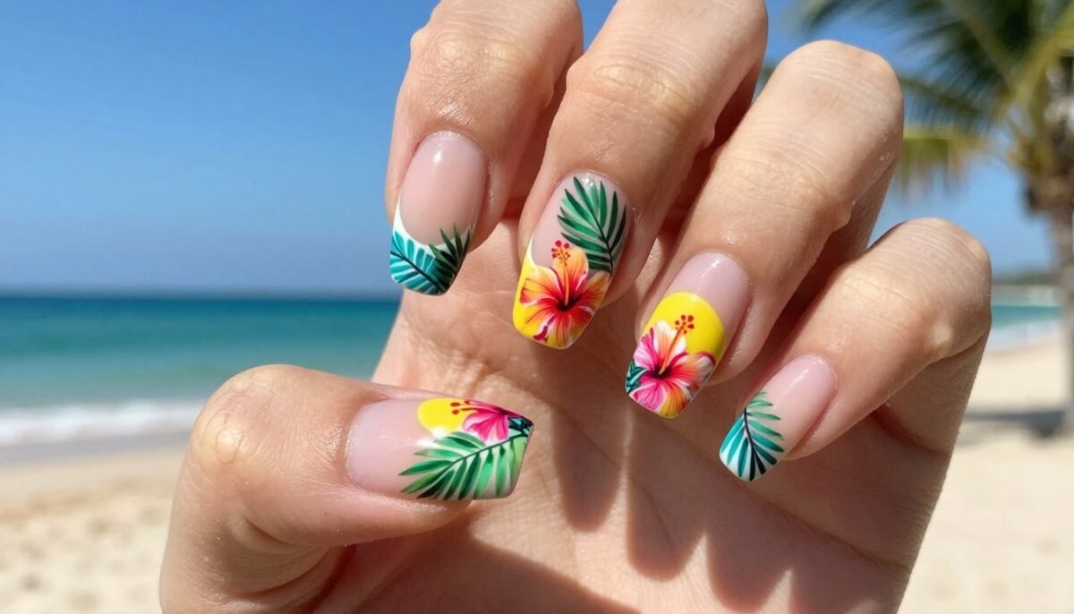 Tropical themed french tip nails with palm leaves