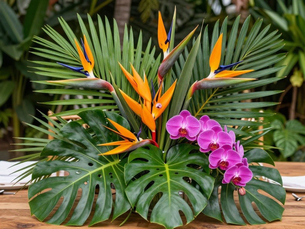 Tropical wedding centerpiece with palm leaves and bright flowers
