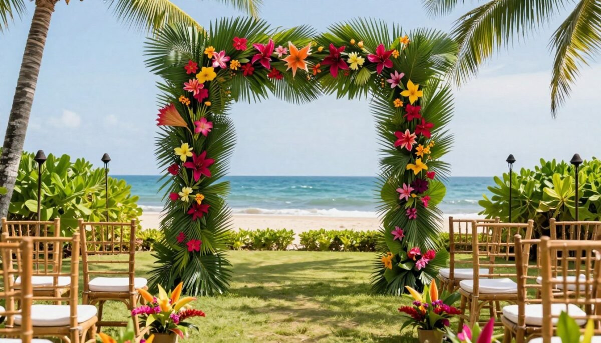 Tropical wedding ceremony with palm leaf arch