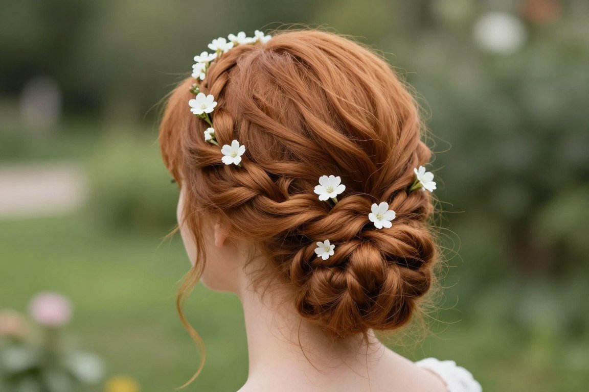 Twisted crown updo prom hairstyle with floral accessories