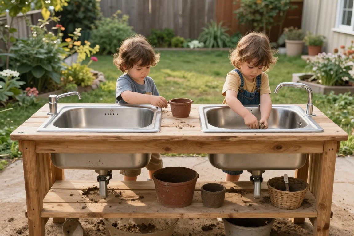 Two children using double basin mud kitchen together