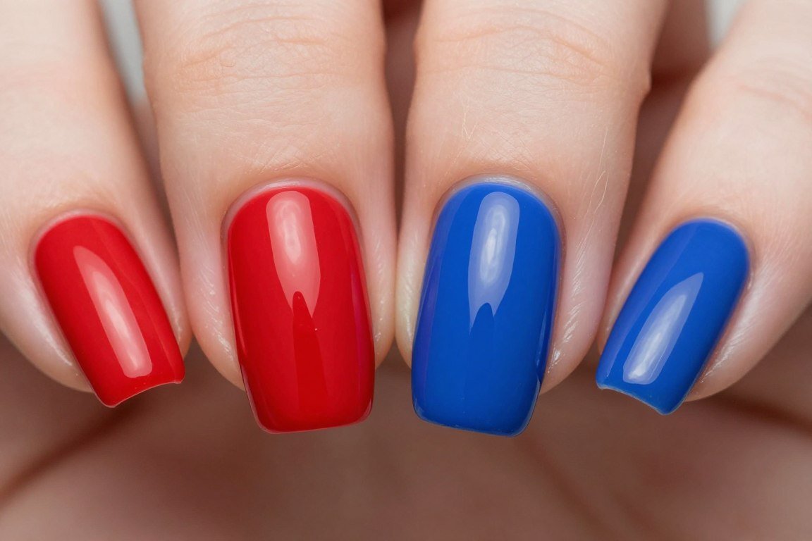 Two-tone split nail design with red and blue vertical division