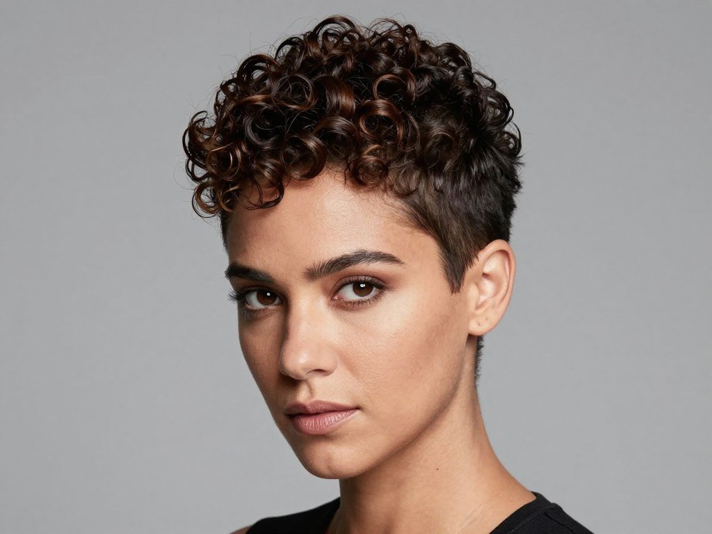 Ultra-short tapered curly pixie hairstyle on confident woman