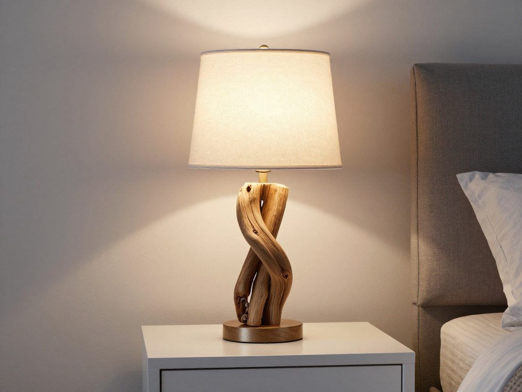 Unique driftwood lamp with LED lights on bedside table