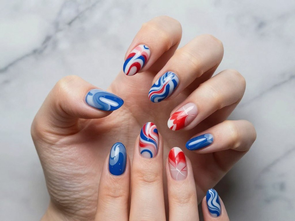 Unique marbled gel nail designs swirling red white and blue for artistic July mani