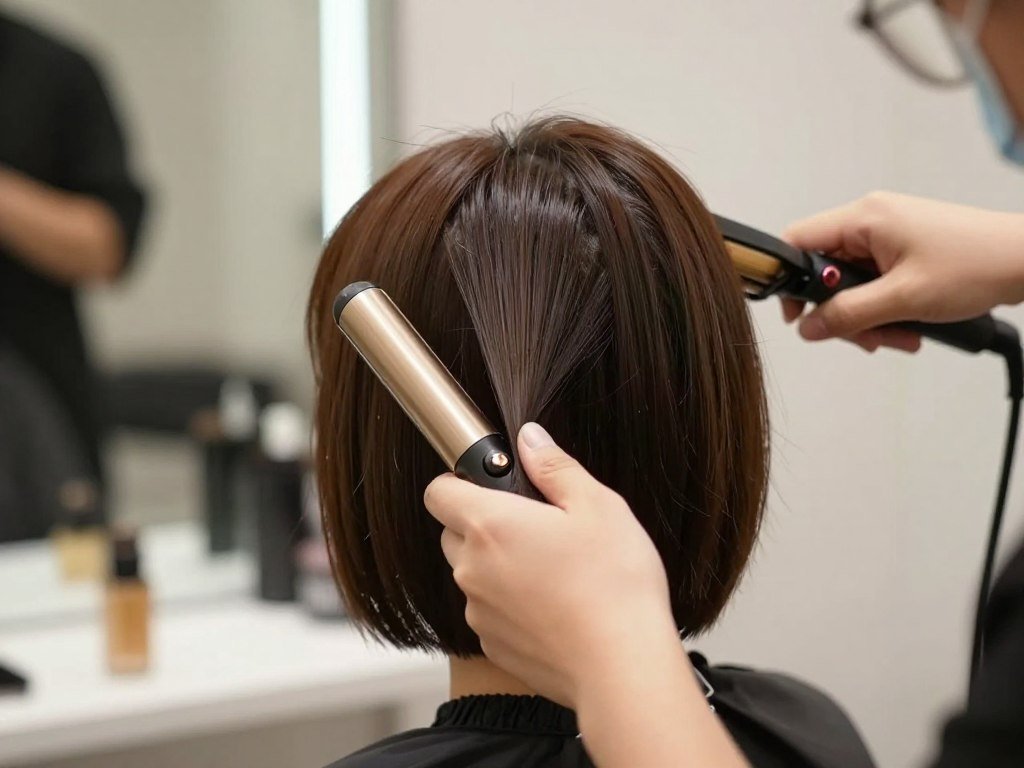 Using flat iron on short choppy haircut with heat protectant