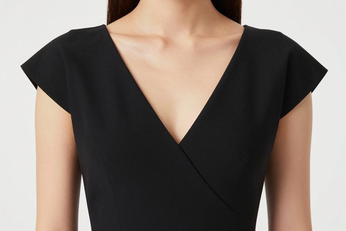 V-neck dress on woman with broad shoulders