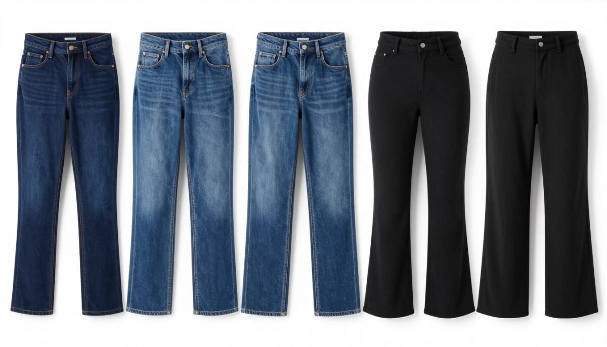 Variety of high-waisted jeans in different washes and styles laid flat