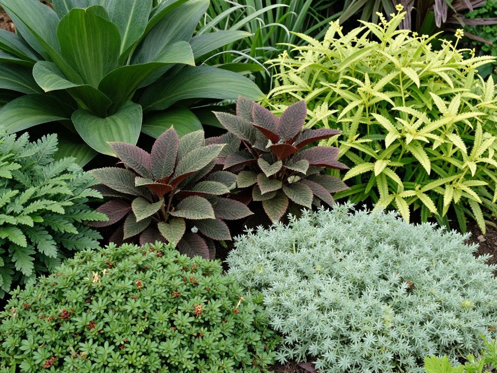 Variety of shade loving shrubs with different leaf textures and colors