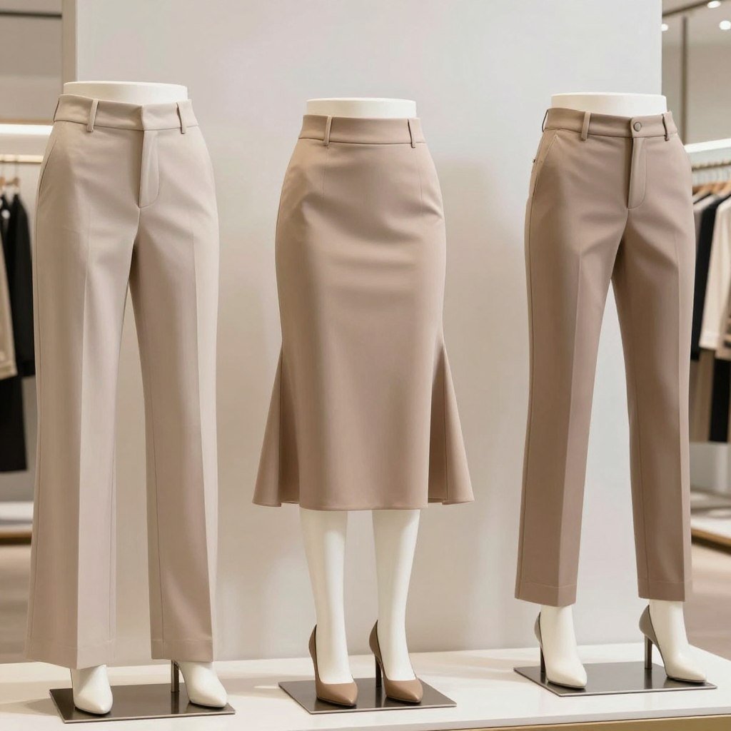 Various high-waisted trousers and skirts ideal for long legs short torso