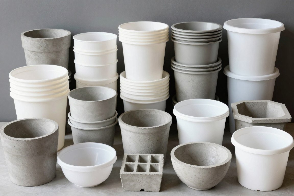 Various recycled containers arranged as concrete bird bath molds