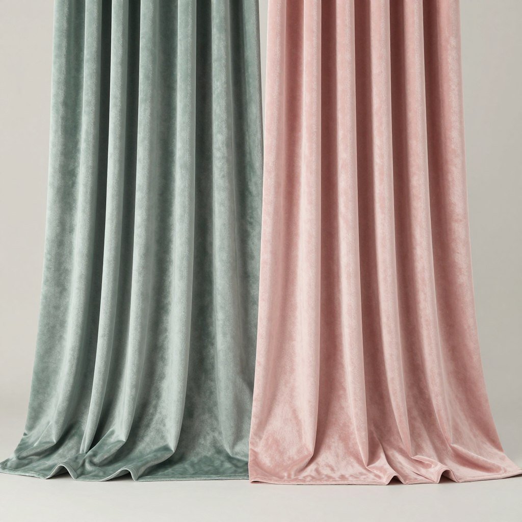 Velvet curtains in sage and pink colors