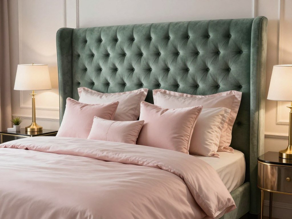 Velvet sage green headboard with pink bedding accents